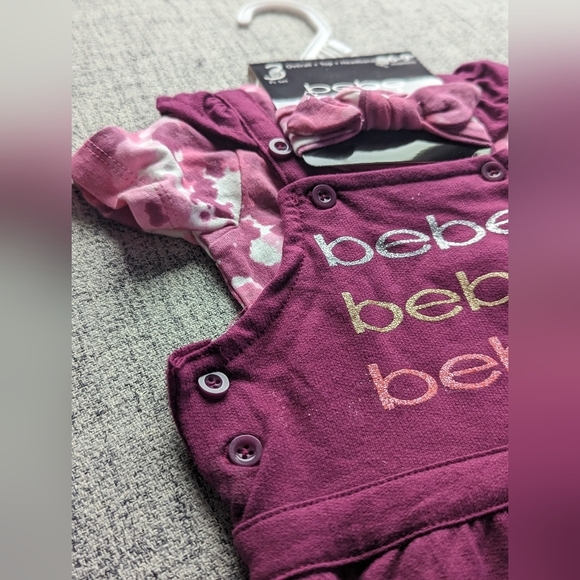 Adorable BEBE 3 piece little girls set Overalls + Top + Headband - Picture 6 of 10